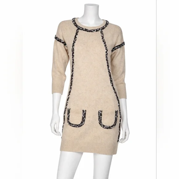 SEE BY CHLOÈ Wool Knit Dress Mini Jumper Pockets Tan Black White Sparkle XS S - Picture 2 of 11